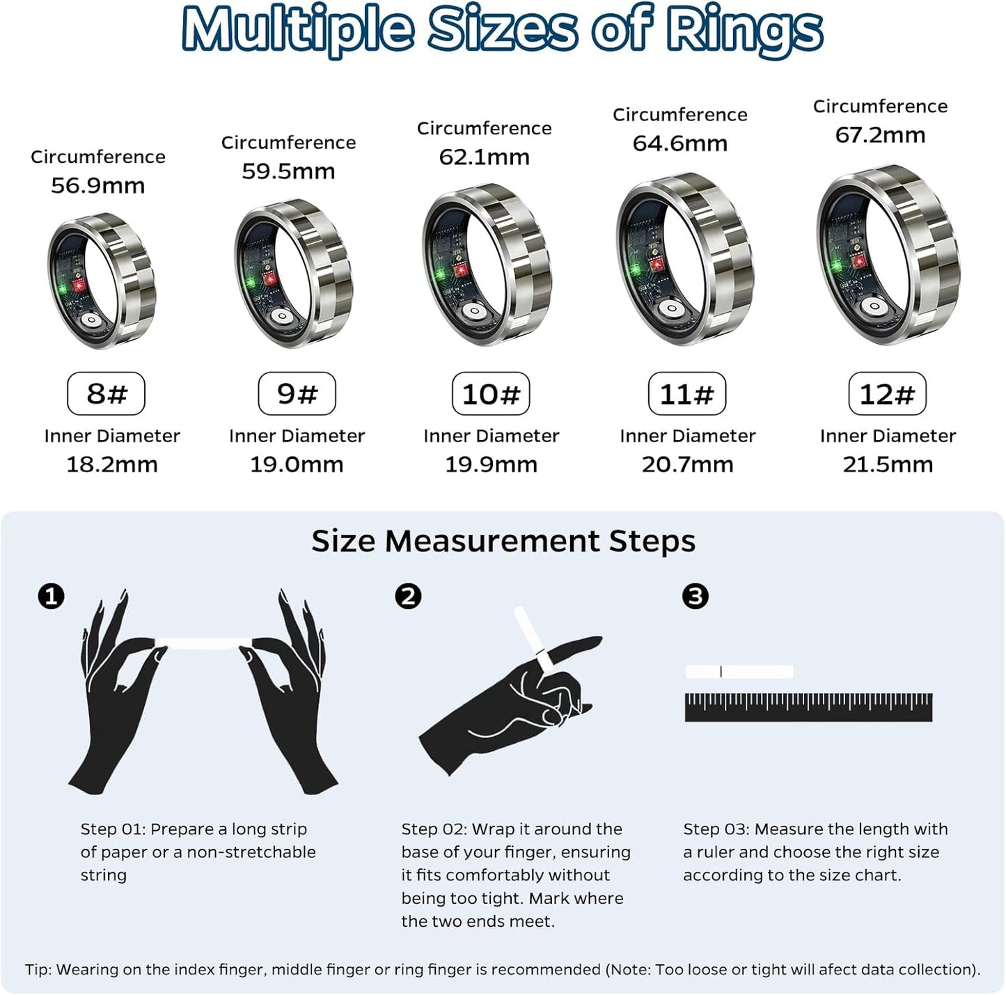 Smart Health Tracking Ring with Sleep Monitoring, Heart Rate Measurement, Waterproof Fitness Features, Activity Tracking, Air Gesture Control, Up to 7-Day Battery Life, Compatible with iOS and Android (Stylish Silver #8)