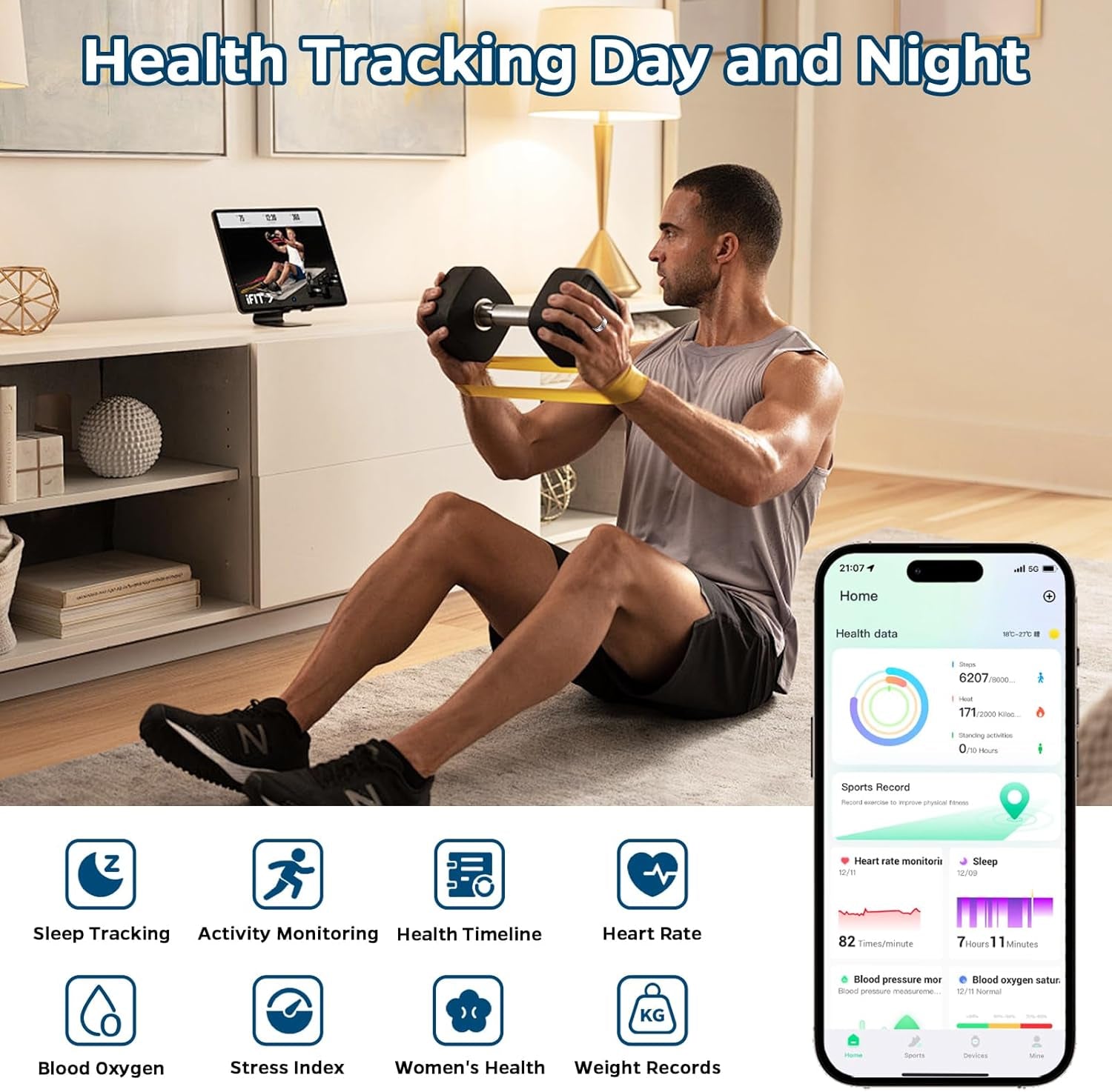 Smart Health Monitoring Ring with Sleep Tracking, Heart Rate Monitoring, Waterproof Design, Activity Tracking (Steps, Distance, Calories), Air Gesture Control, Up to 7-Day Battery Life, Compatible with iOS and Android (Black, Size #10)