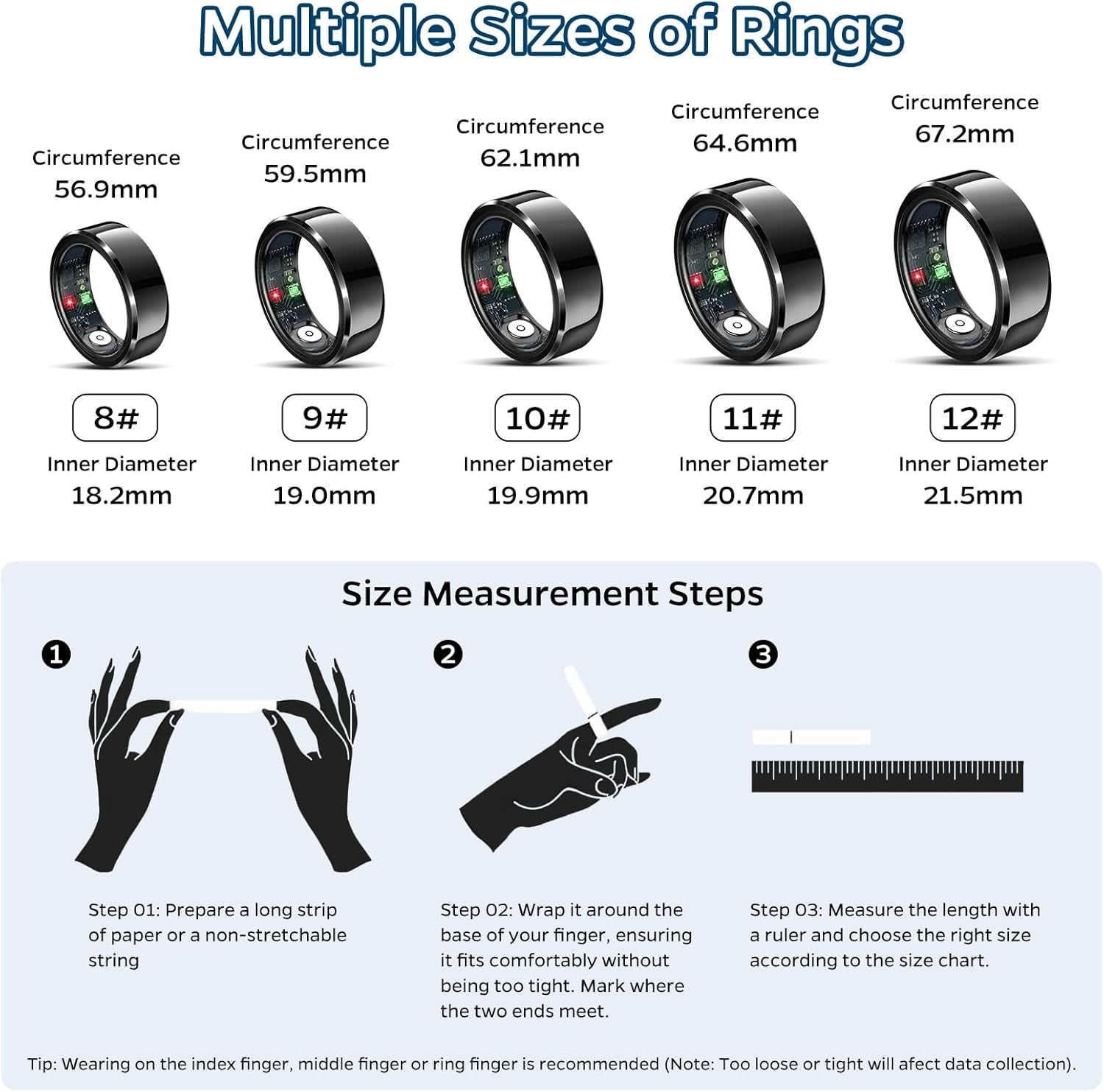 Smart Health Monitoring Ring with Sleep Tracking, Heart Rate Monitoring, Waterproof Design, Activity Tracking (Steps, Distance, Calories), Air Gesture Control, Up to 7-Day Battery Life, Compatible with iOS and Android (Black, Size #10)