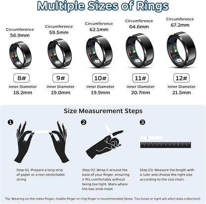 Smart Health Monitoring Ring with Sleep Tracking, Heart Rate Monitoring, Waterproof Design, Activity Tracking (Steps, Distance, Calories), Air Gesture Control, Up to 7-Day Battery Life, Compatible with iOS and Android (Black, Size #10)