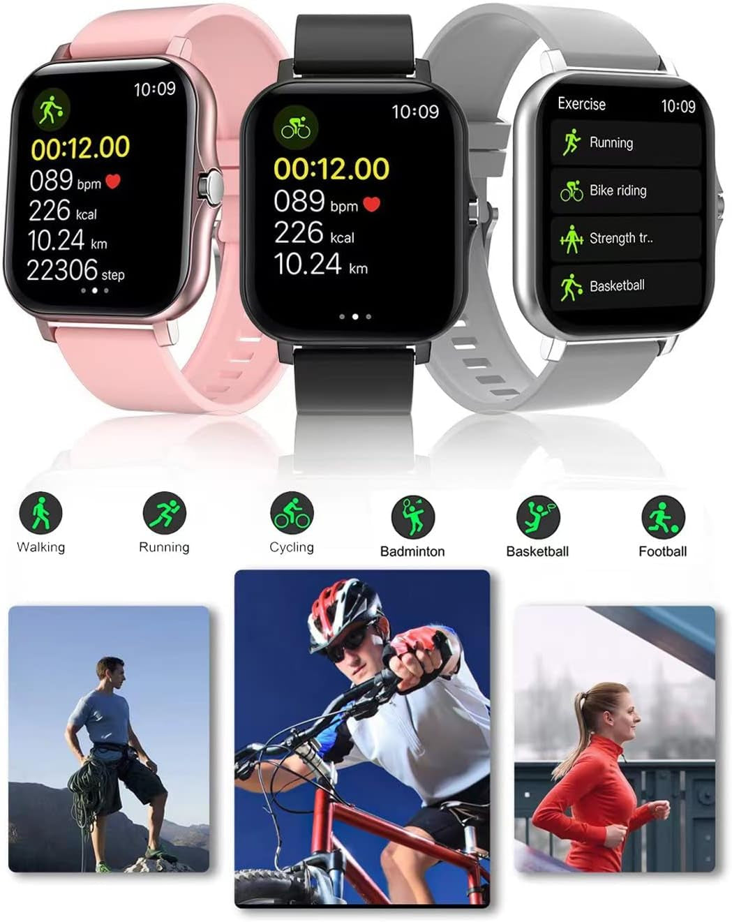 Smart Fitness Tracker Watch for Android/iOS - IP68 Waterproof, Heart Rate and Blood Oxygen Monitoring, Sleep Tracking, 8 Sports Modes, Breath Training, Weather Updates - 1.69-Inch Display for Men and Women (Rose Gold)