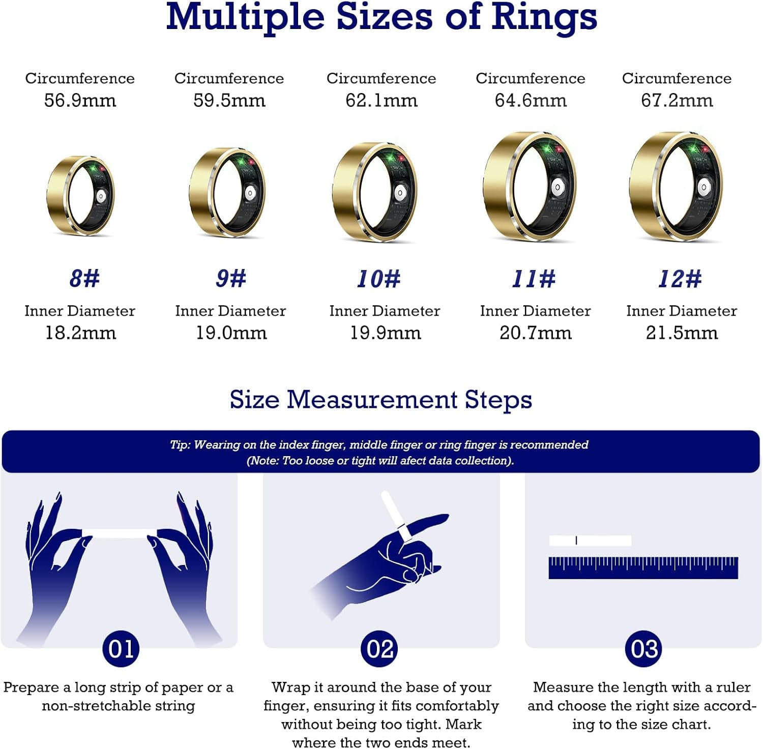 Smart Health Tracking Ring with Sleep Monitoring, Heart Rate Functionality, Waterproof Design, Activity Tracking, Air Gesture Control, 7-Day Battery Life, Compatible with iOS and Android (Light Gold, Size #12)
