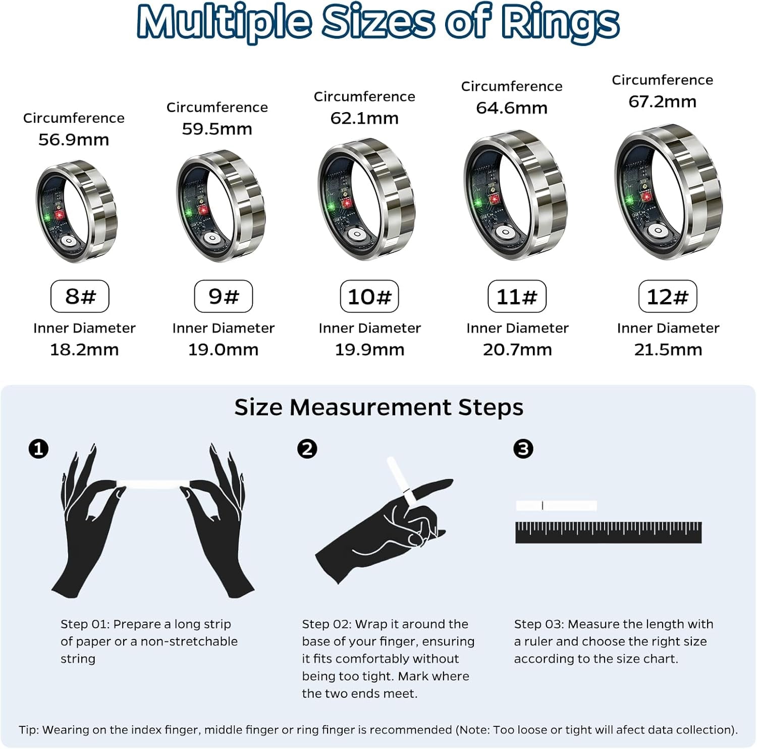 Smart Health Tracking Ring with Sleep Monitoring, Heart Rate Measurement, Waterproof Fitness Features, Activity Tracking, Air Gesture Control, Up to 7-Day Battery Life, Compatible with iOS and Android (Stylish Silver #8)